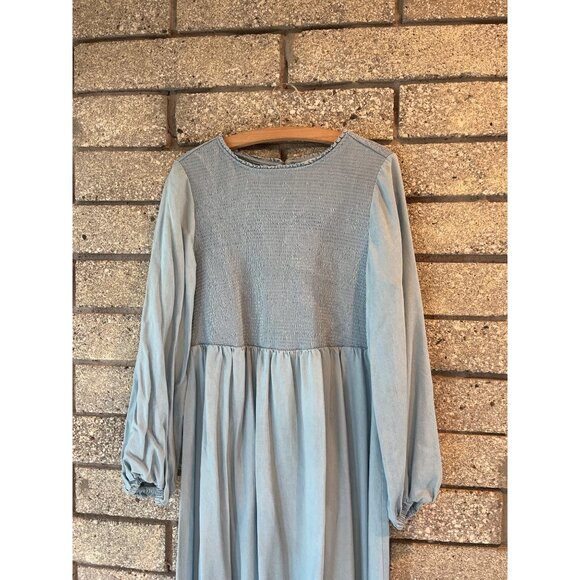 Ingrid & Isabel Womens XL Blue Smocked Long-Sleeve Midi Dress With Ruffle Hem - Picture 2 of 9
